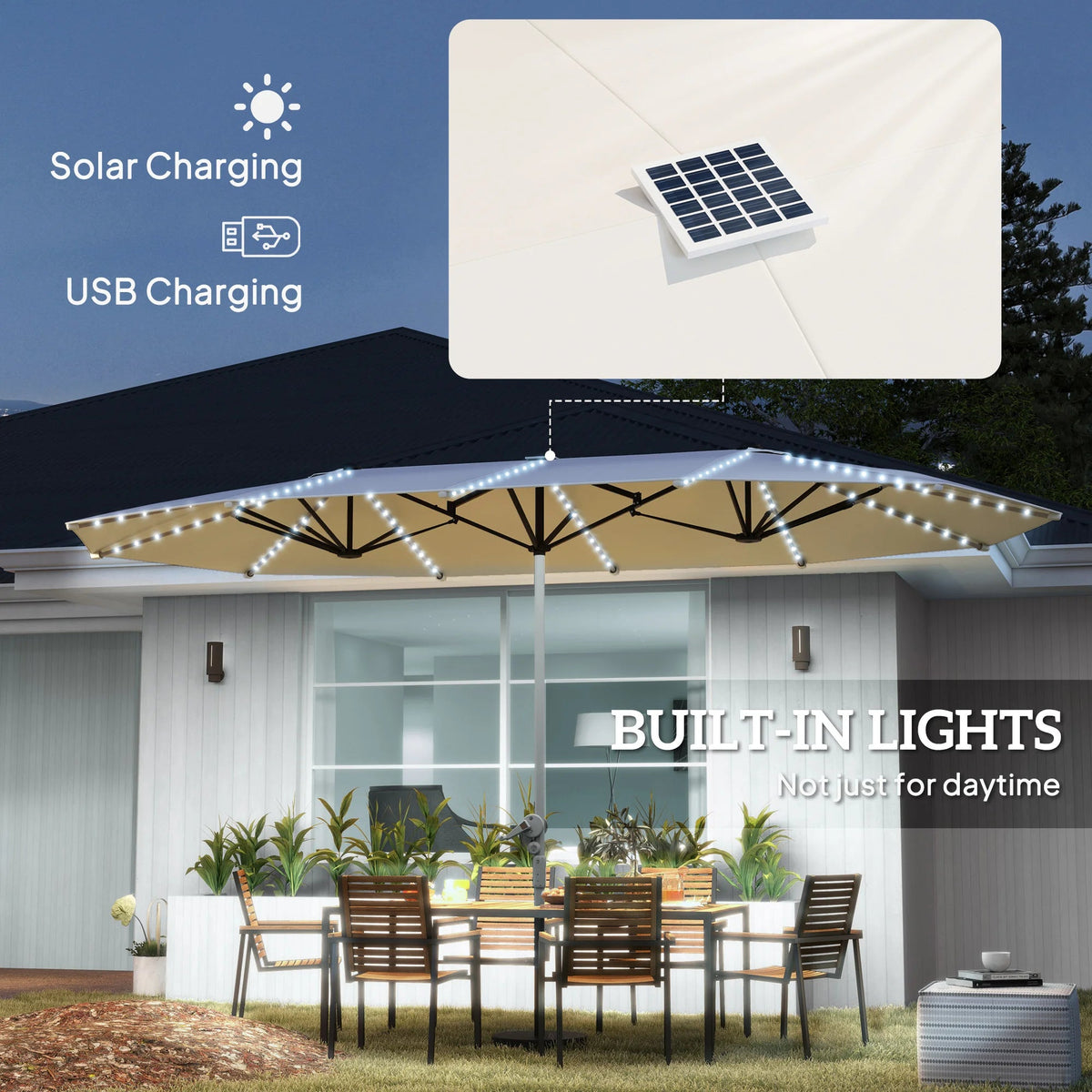 15ft Patio Umbrella Solar Lights UPF50+ Outdoor Umbrella Cream The Pet & Home Store
