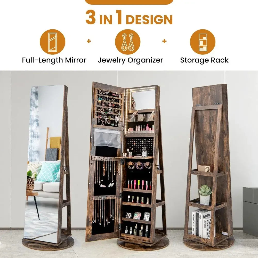 3In1 Mirror Jewelry Cabinet With LED Lights And Lockable Storage