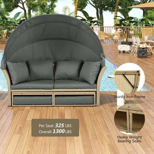 Outdoor terrace sofa bed, wicker rattan double bed, circular sofa furniture set, with retractable ceiling, 4 pillows, gray