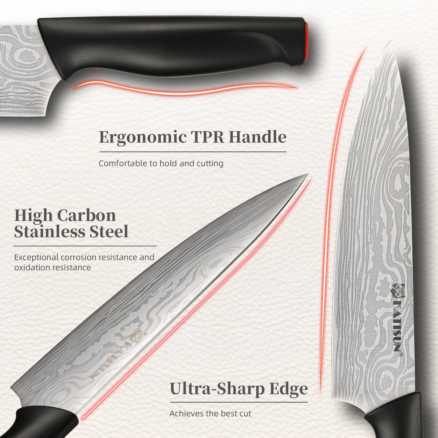 KATISUN Damascus Pattern Knife Block Set With Sharpener