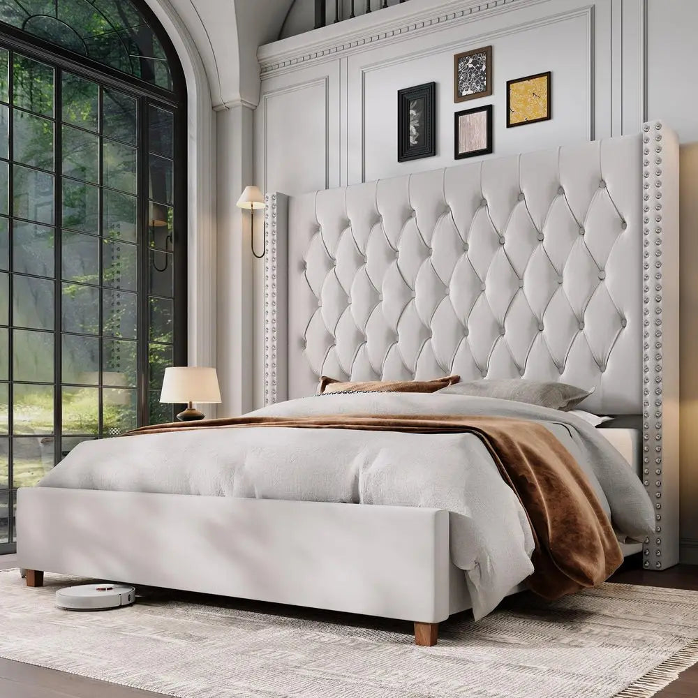 King Size Bed Frame with LED Lights and Charging Station Linen Upholstered Platform Bed Frame with 51.2 Tall Wingback Headboard
