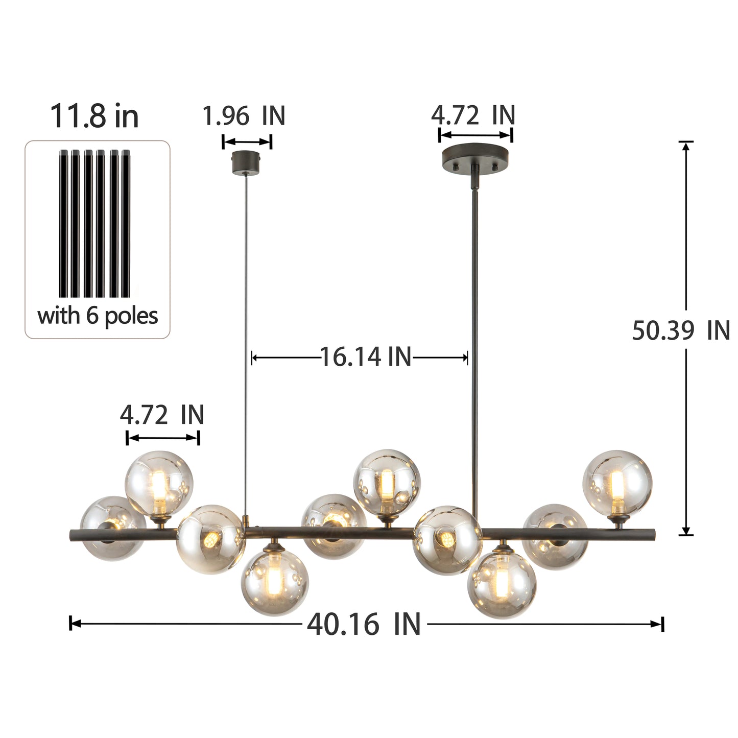 10-Light Matte Black Adjustable Chandelier with Smoked Glass Globe Shades Mid-Century Modern Style Pendant Light for Dining Room