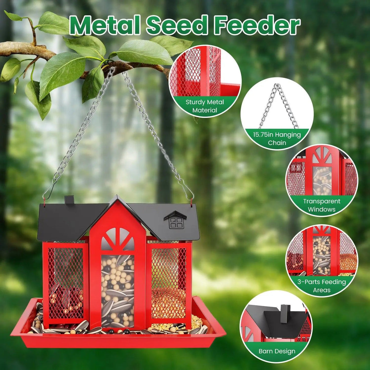 Metal Hanging Bird Feeder House Classic Barn Bird Feeder House Iron Hanging Outdoor Feeder with Visible Window and Lift Top Lid The Pet & Home Store