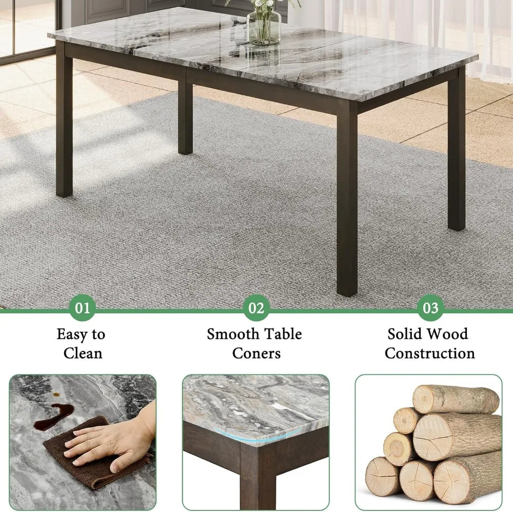 7-Piece Dining Set, 71" Faux Marble Table, 6 PU Chairs, Solid Wood, Dark Brown