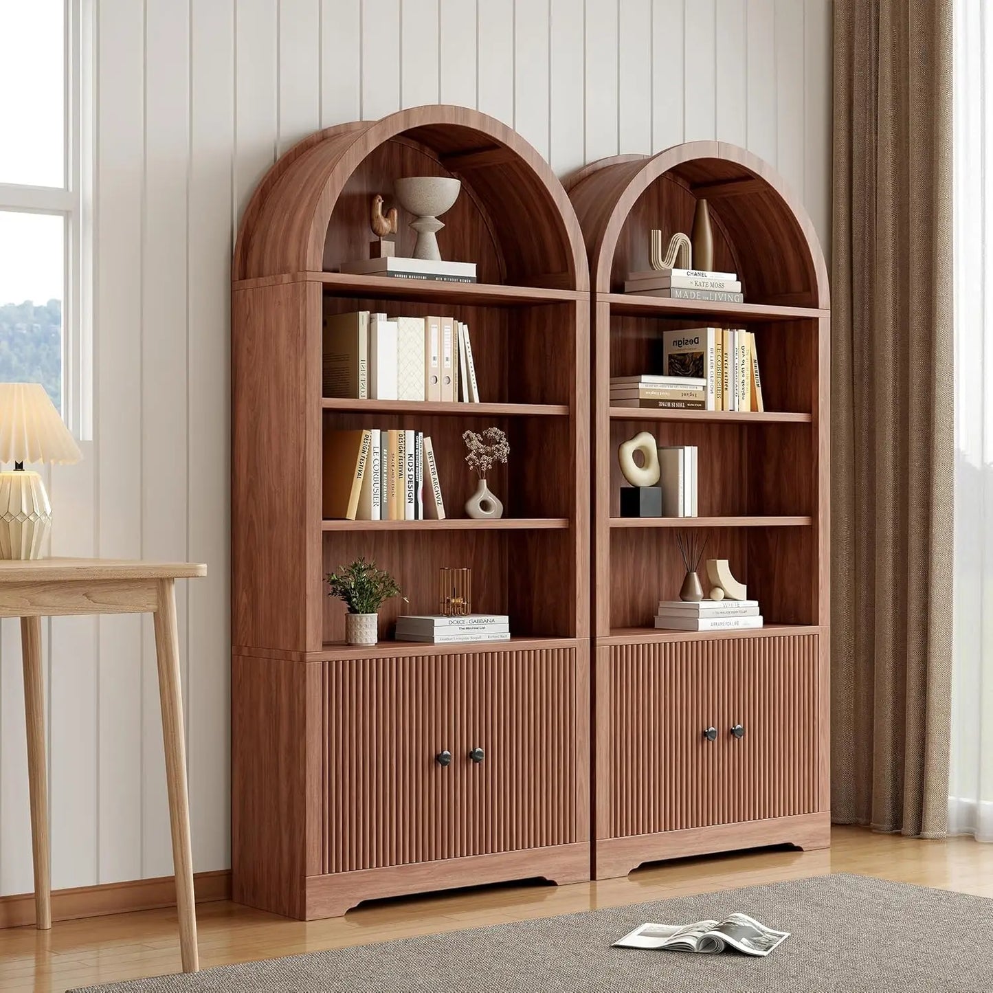 Arched Bookcase With Storage Door 6 Tier Freestanding Cabinet Farmhouse