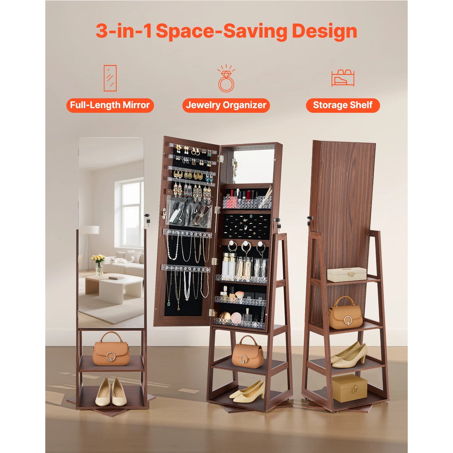 SucceBuy 360° Swivel Jewelry Cabinet With Lockable Mirror