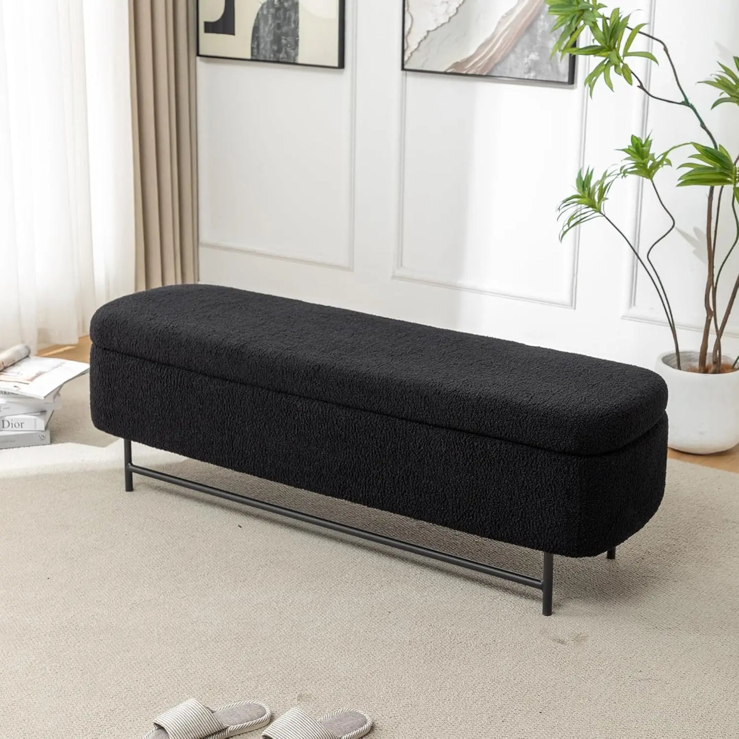 Boucle Upholstered Storage Bench for Bedroom Teddy Ottoman