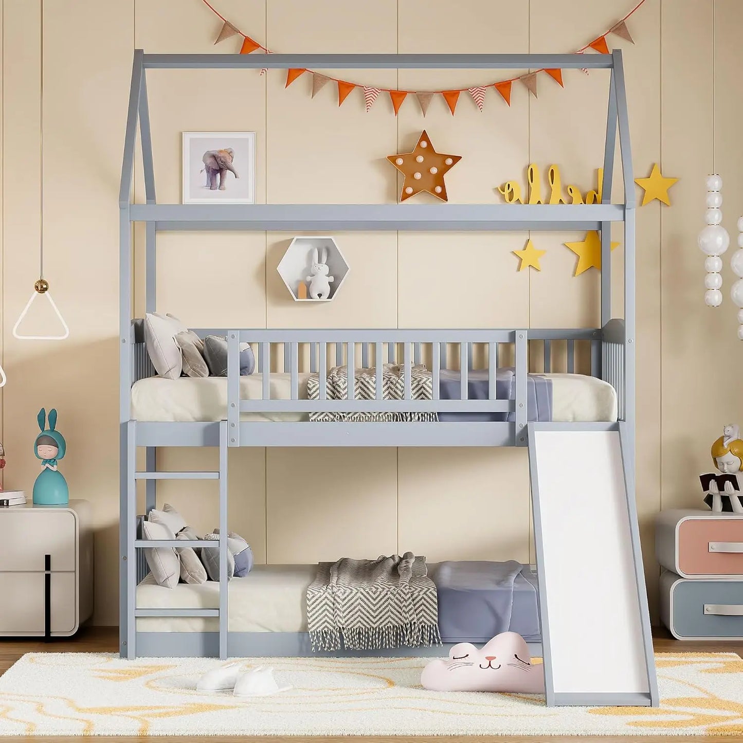 Twin Over Twin Bunk Bed With Slide Trundle Playhouse