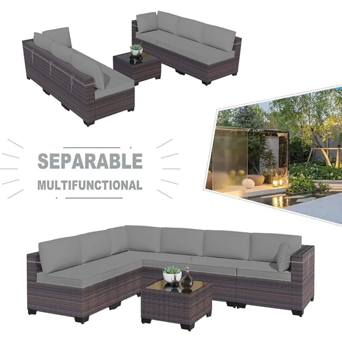 7 Pieces Outdoor Patio Furniture Set,Sectional Rattan Sofa Set Brown PE Rattan Wicker Patio Conversation Set with Tempered Glass The Pet & Home Store