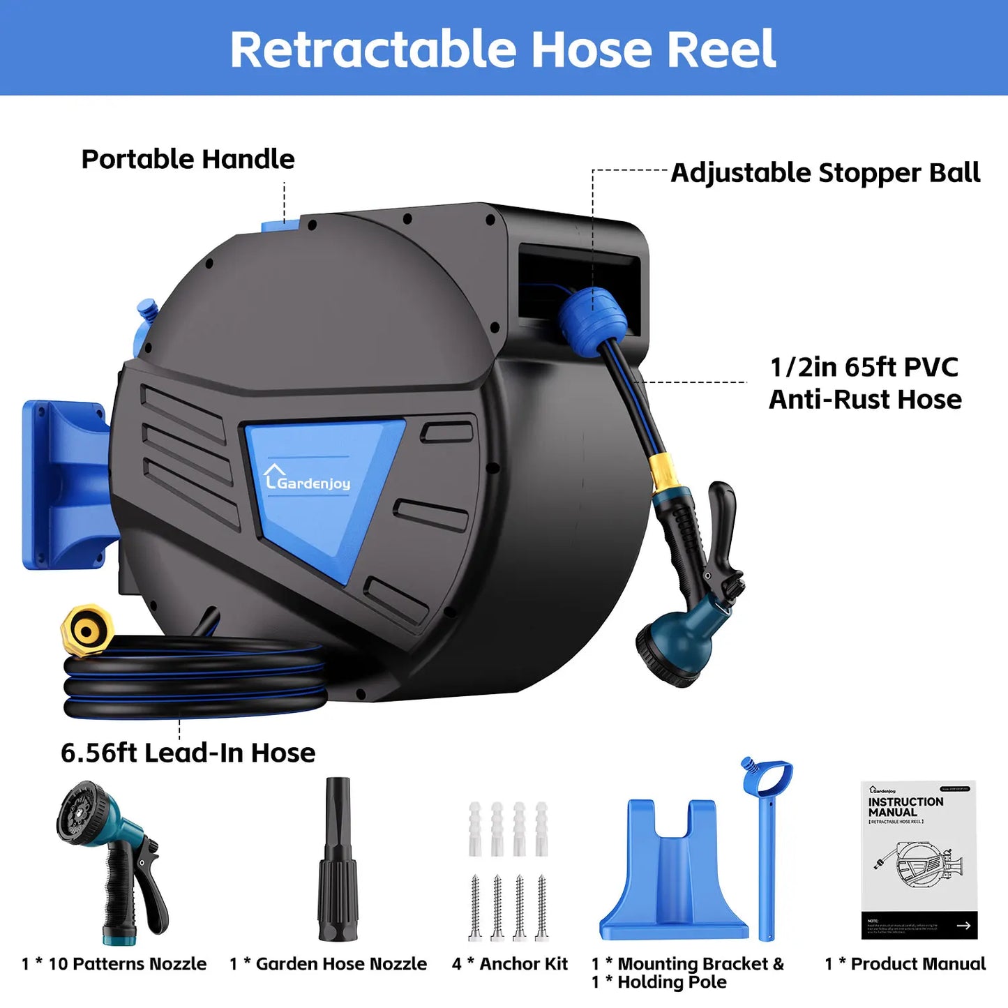 GardenJoy Retractable Wall Mounted Hose Reel With Locking Mechanism