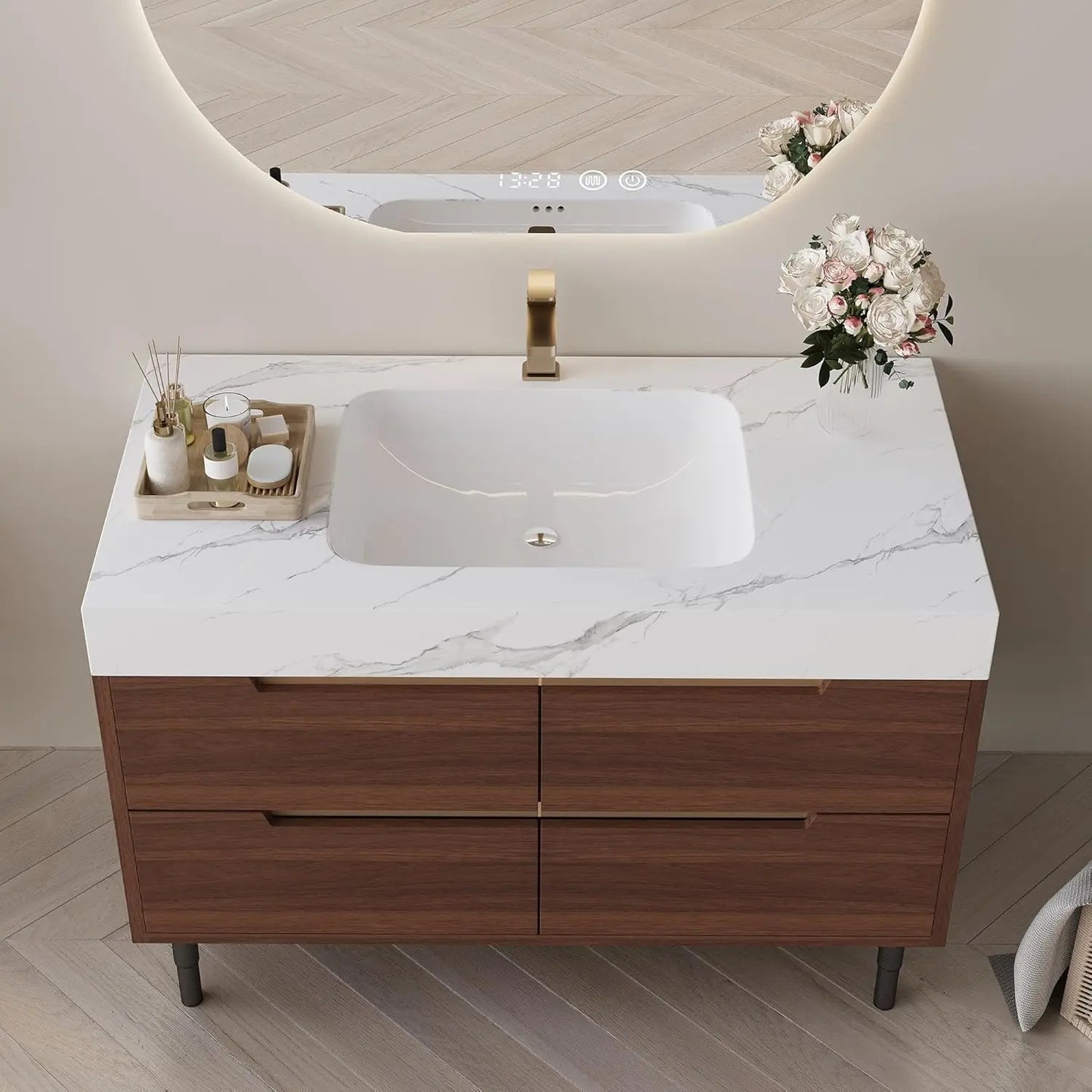 Solid Wood Vanity With Ceramic Sink And Sintered Stone Top