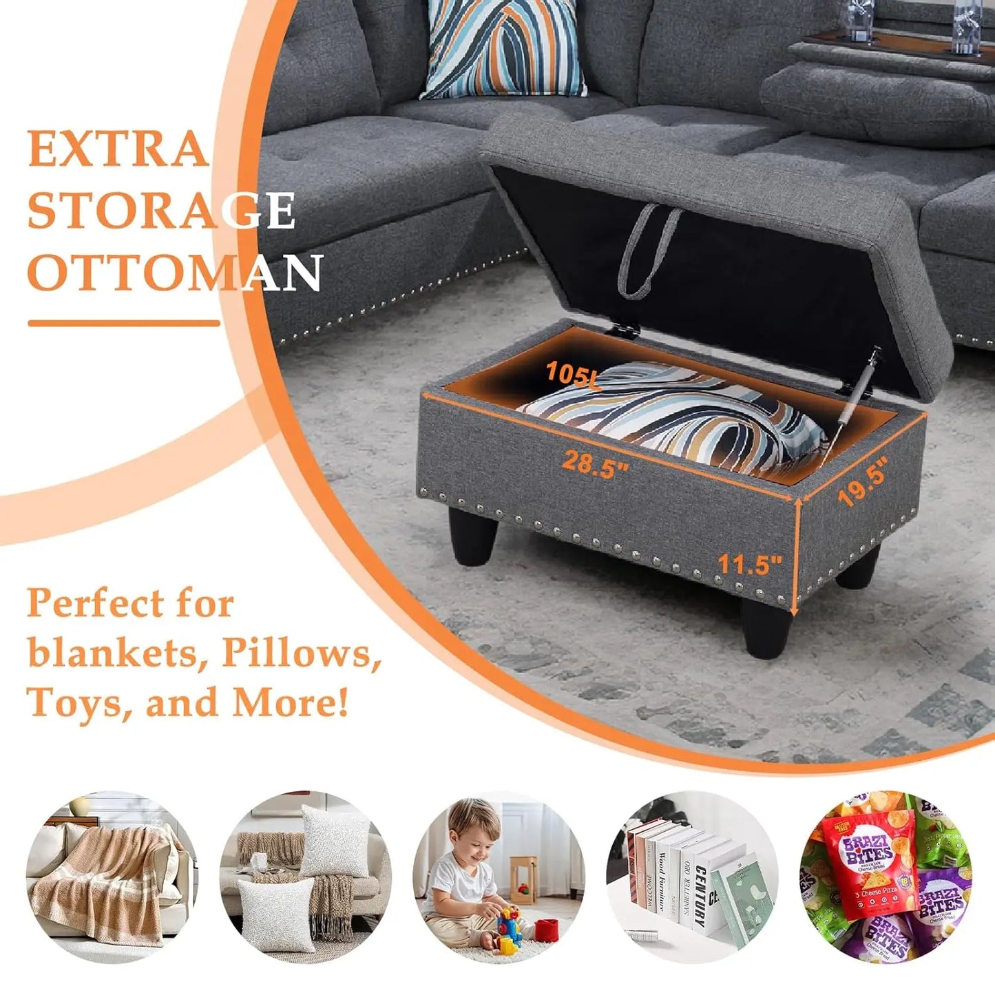 L-Shape Sectional Sofa Chaise With Ottoman And Cup Holder