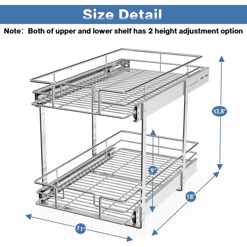 2 Tier Pull Out Cabinet Organizer 11 W x 18 D, Slide Out Kitchen Cabinet Storage Sliding Shelves