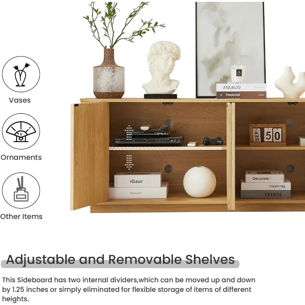 Fluted Wooden Sideboard Buffet Cabinet With Adjustable Shelves