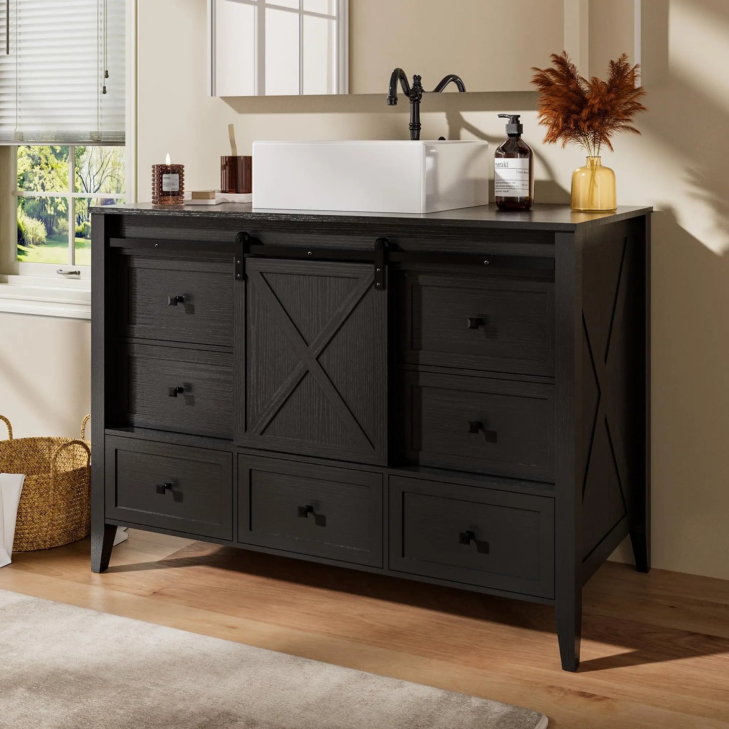 Ceramic Sink Bathroom Vanity With Freestanding Farmhouse Sliding Barn Door