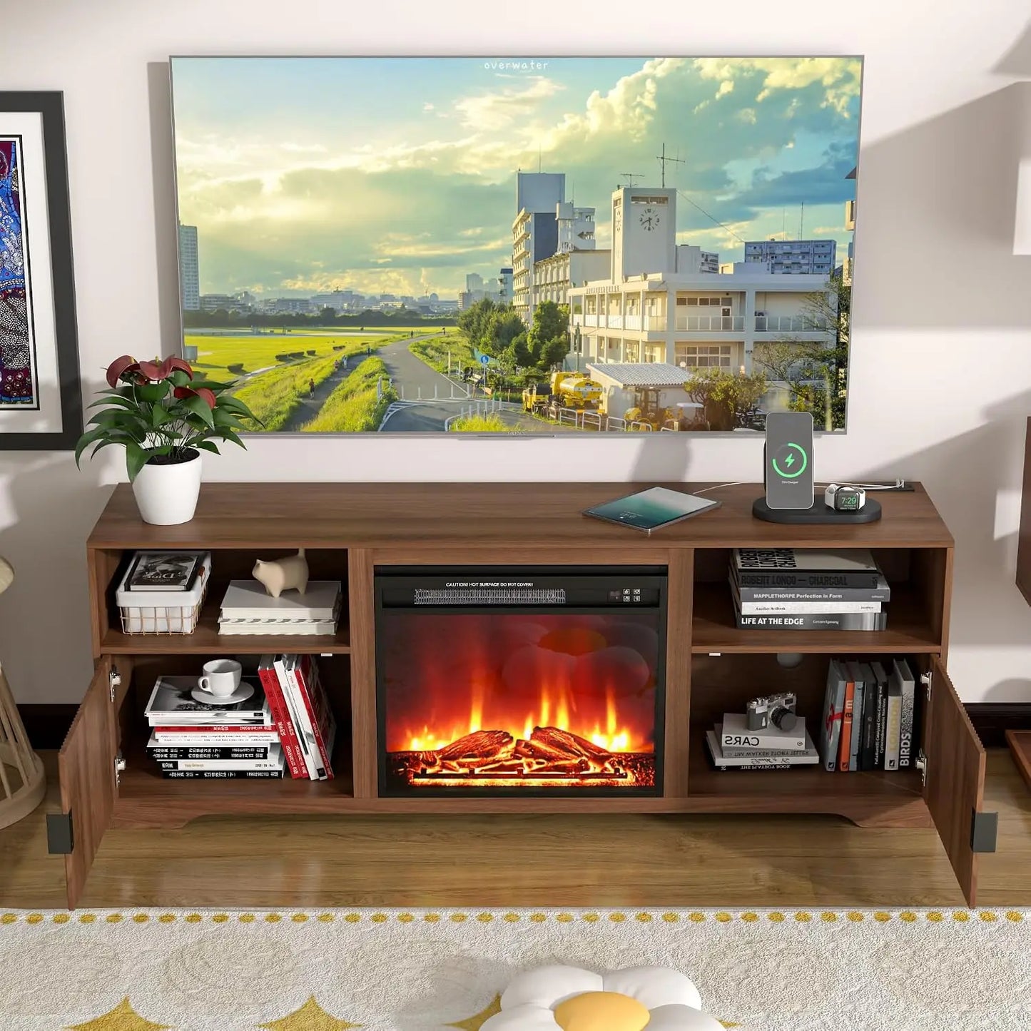 Fluted TV Stand With Electric Fireplace And Adjustable Shelf