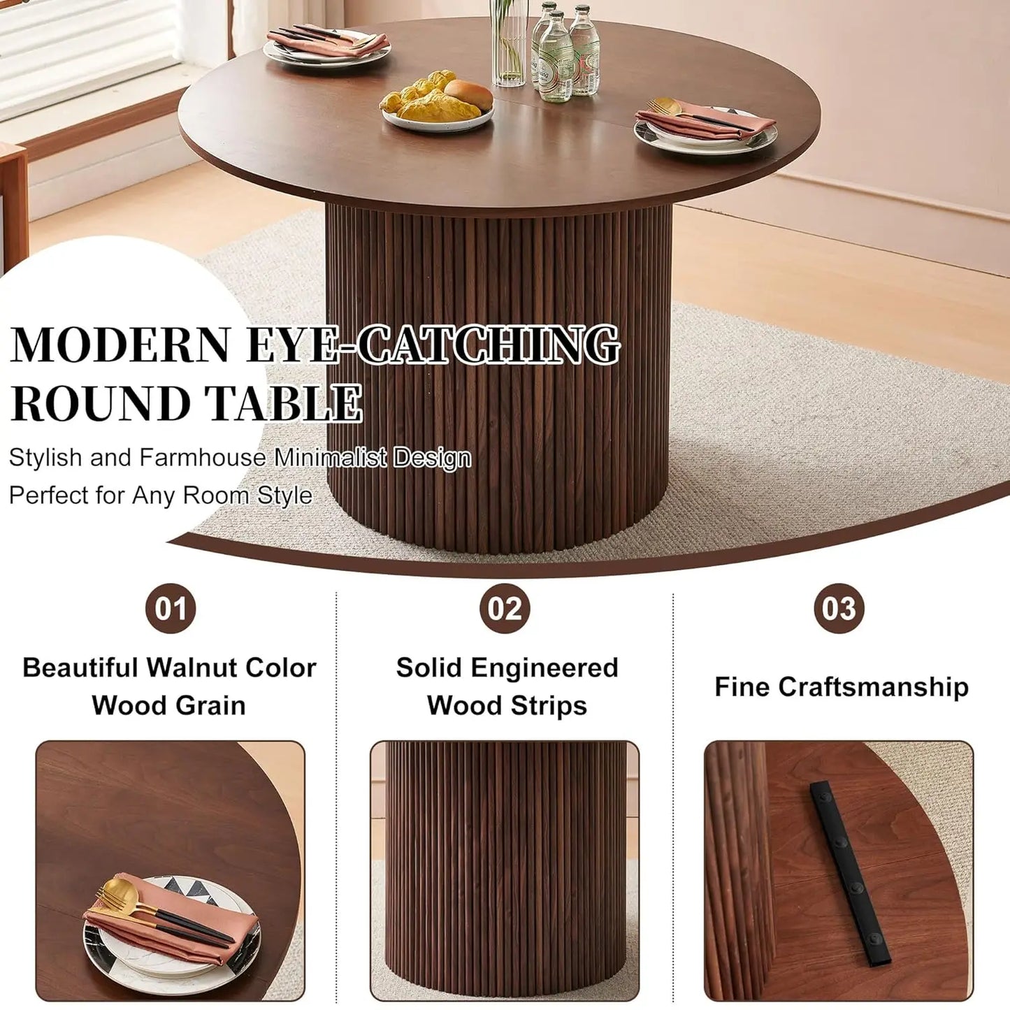 Rustic Walnut Round Dining Table Set For Four Sherpa Chairs