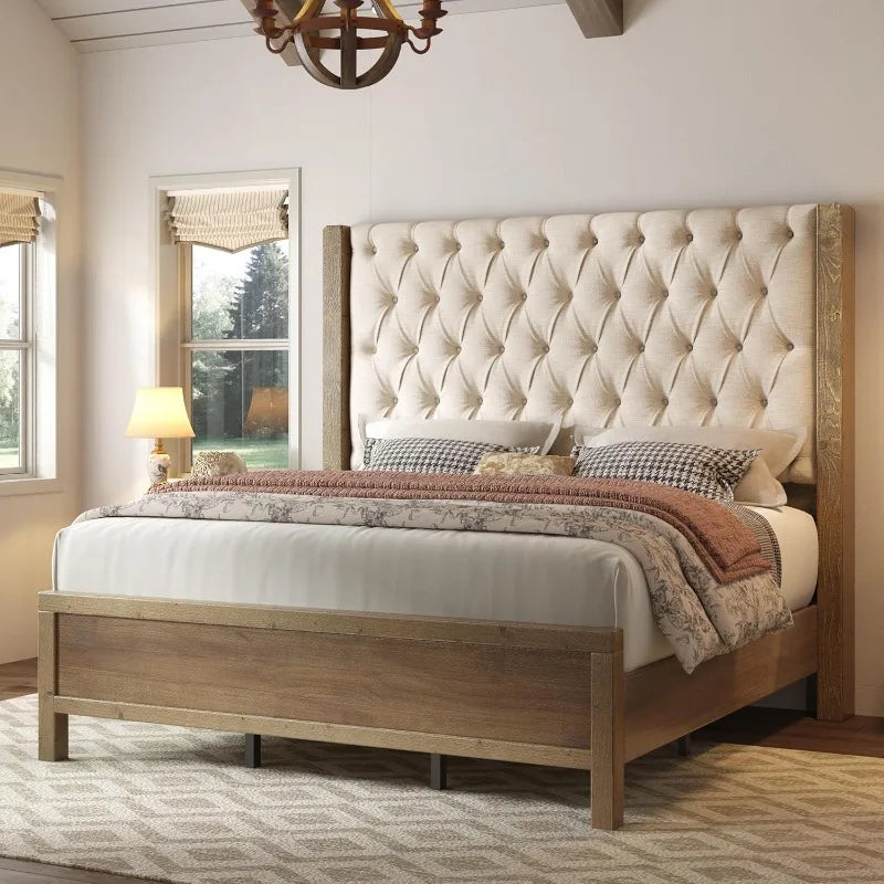 Solid Wood Bed Frame With Wingback Headboard For Modern Homes