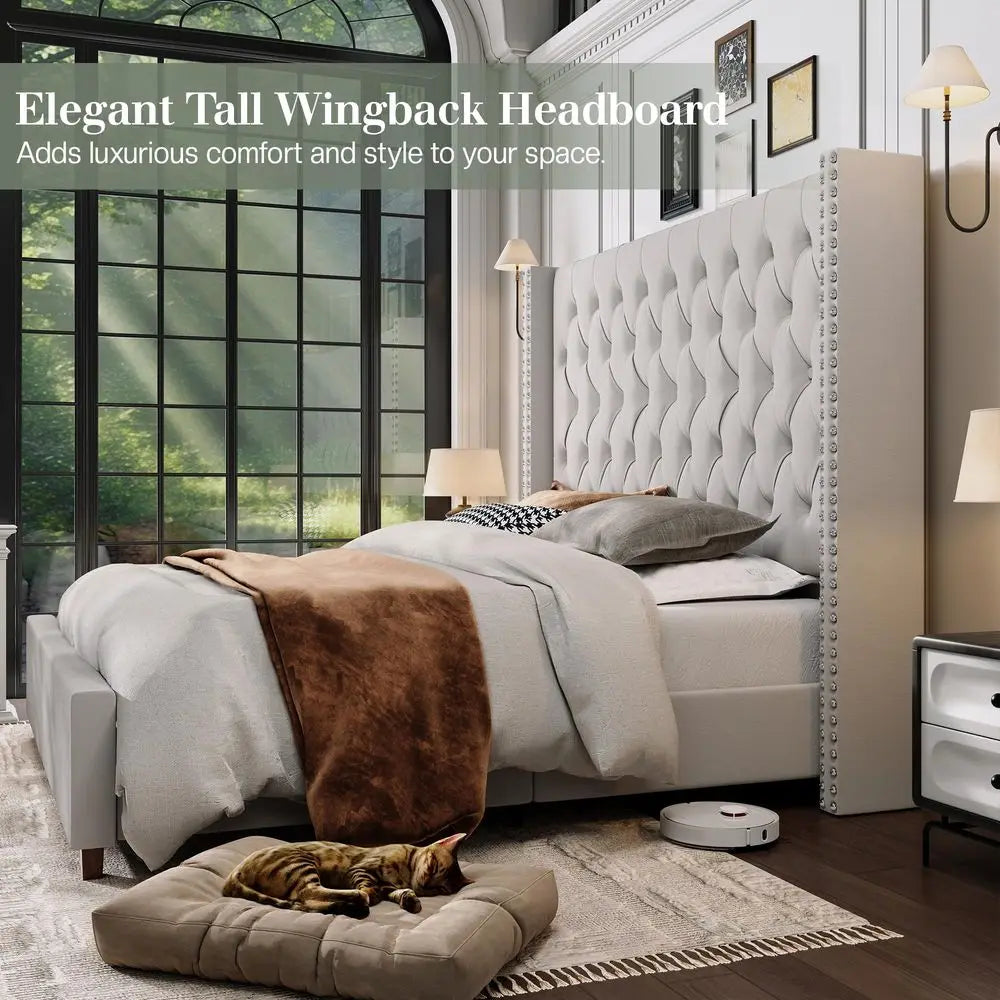 King Size Bed Frame with LED Lights and Charging Station Linen Upholstered Platform Bed Frame with 51.2 Tall Wingback Headboard