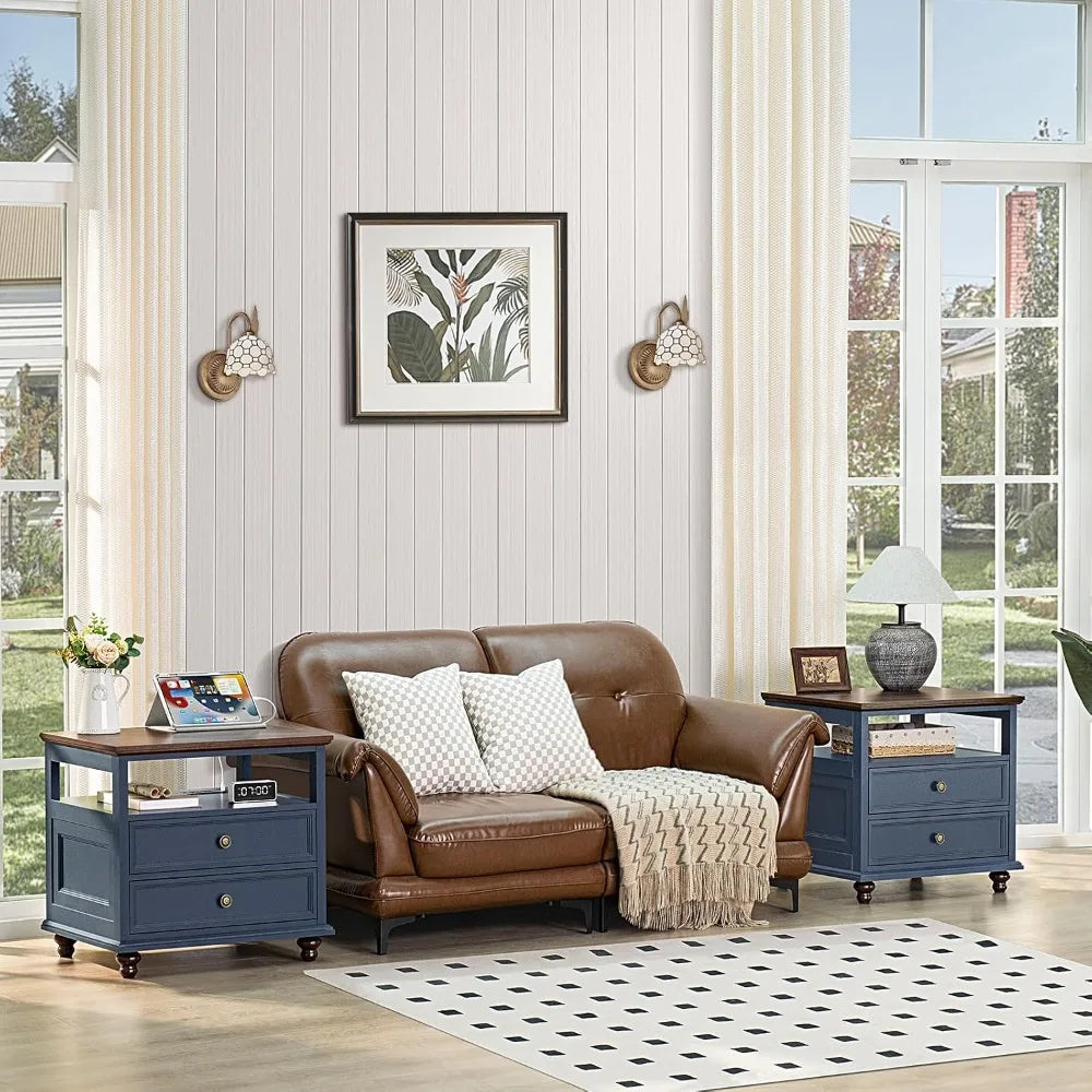 Farmhouse Wood Nightstand With Charging Station And Two Drawers