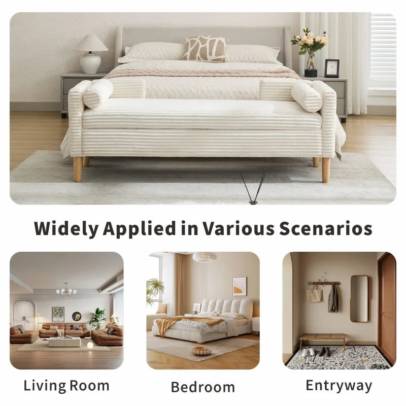 # Bed Storage Bench Upholstered Long Corduroy Window Bench Seat With Arms & Pillows For Bedroom