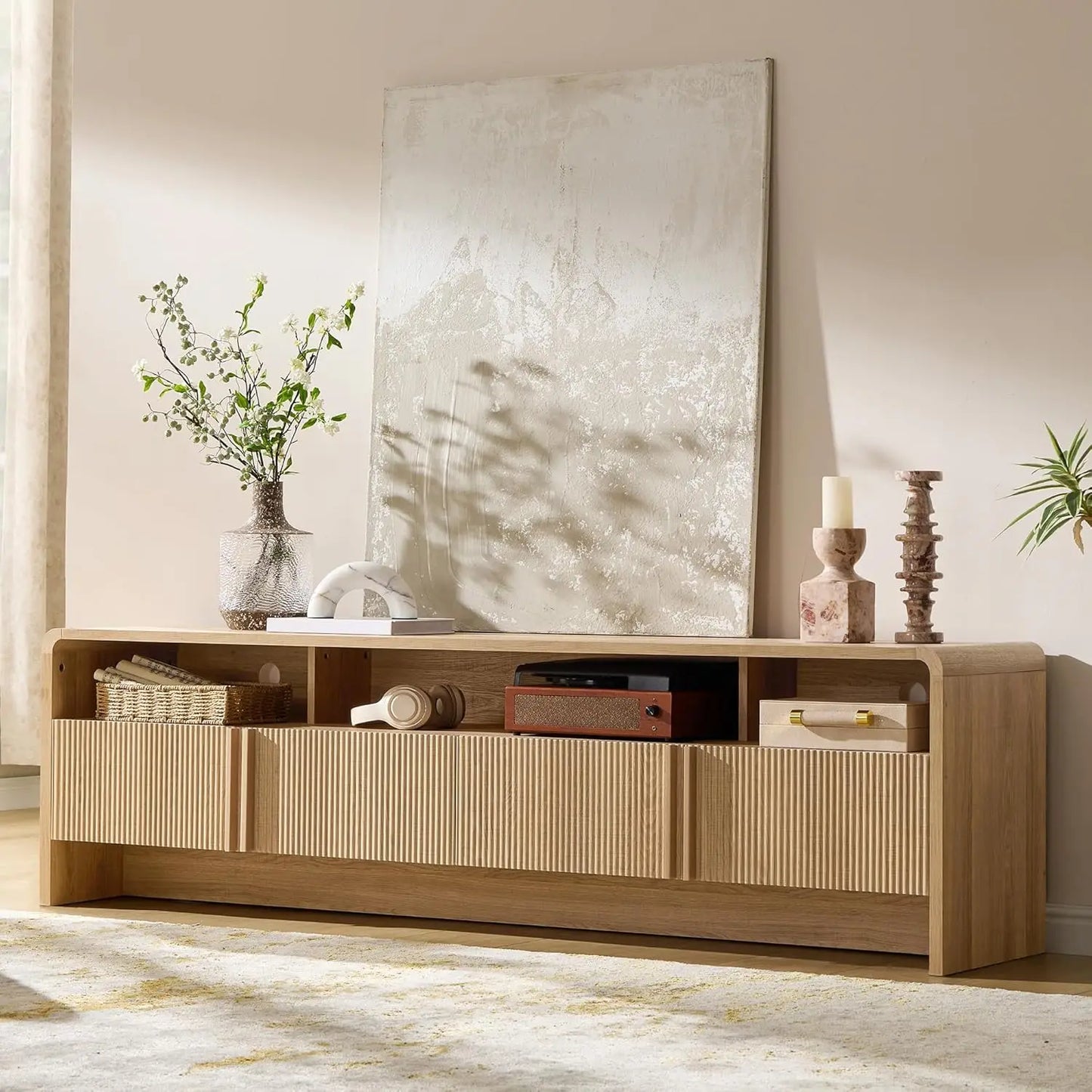 Modern Fluted TV Stand Console With Storage Cabinet