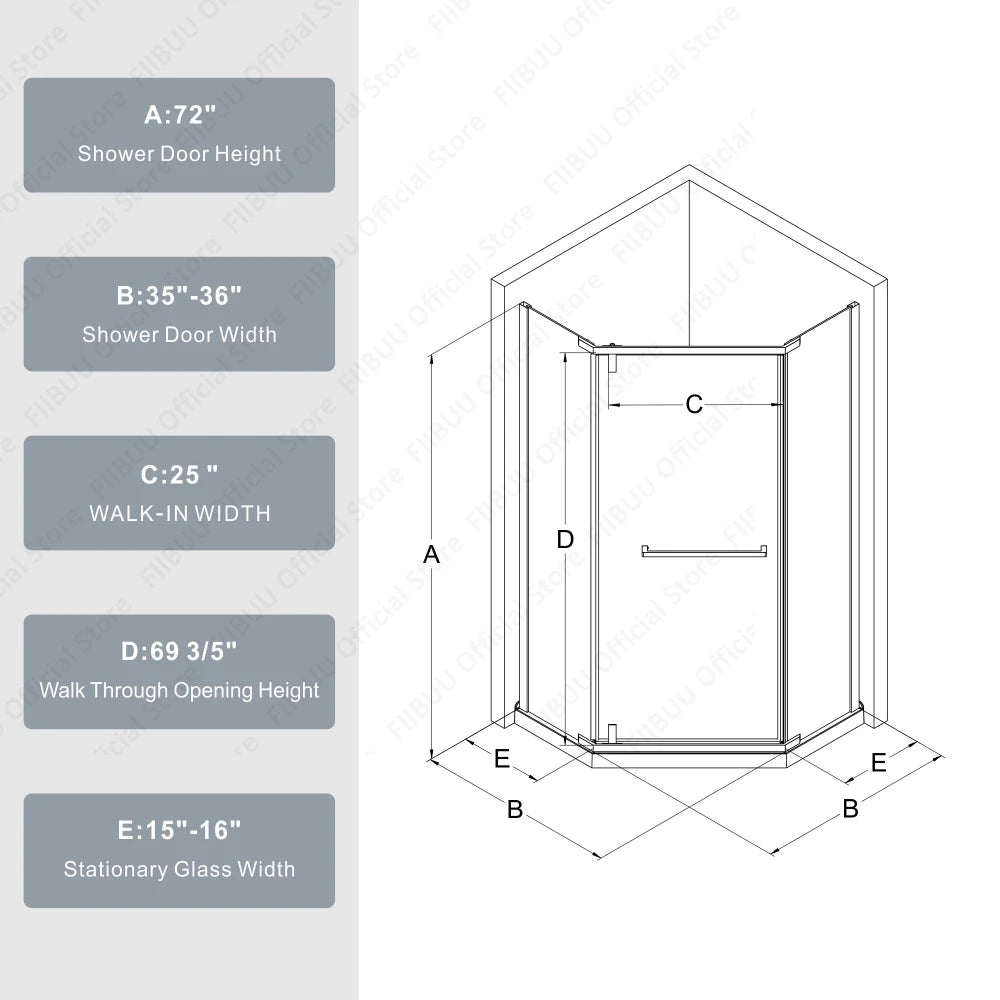 Neo-Angle Frameless Shower Door Tempered Glass Pivot Door Space-Saving Corner Shower Enclosure 36x36x72 Inch for Small Bathroom