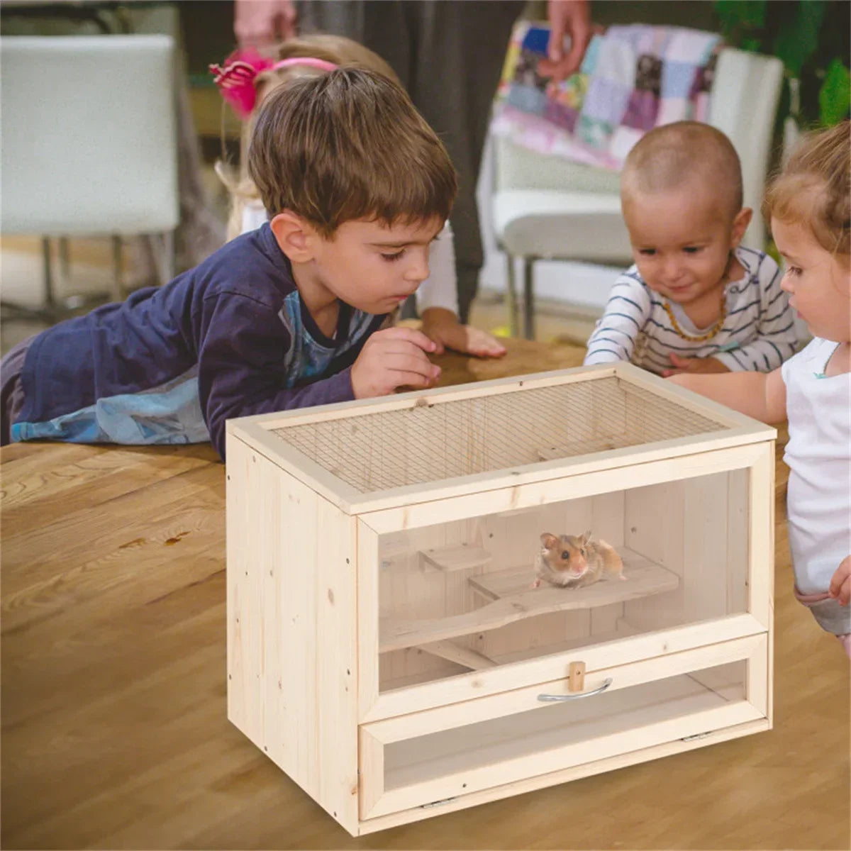 Fir Wood Hamster Cage with Flip Roof, Multi-Ladder Activity Areas for Guinea Pigs Hedgehogs