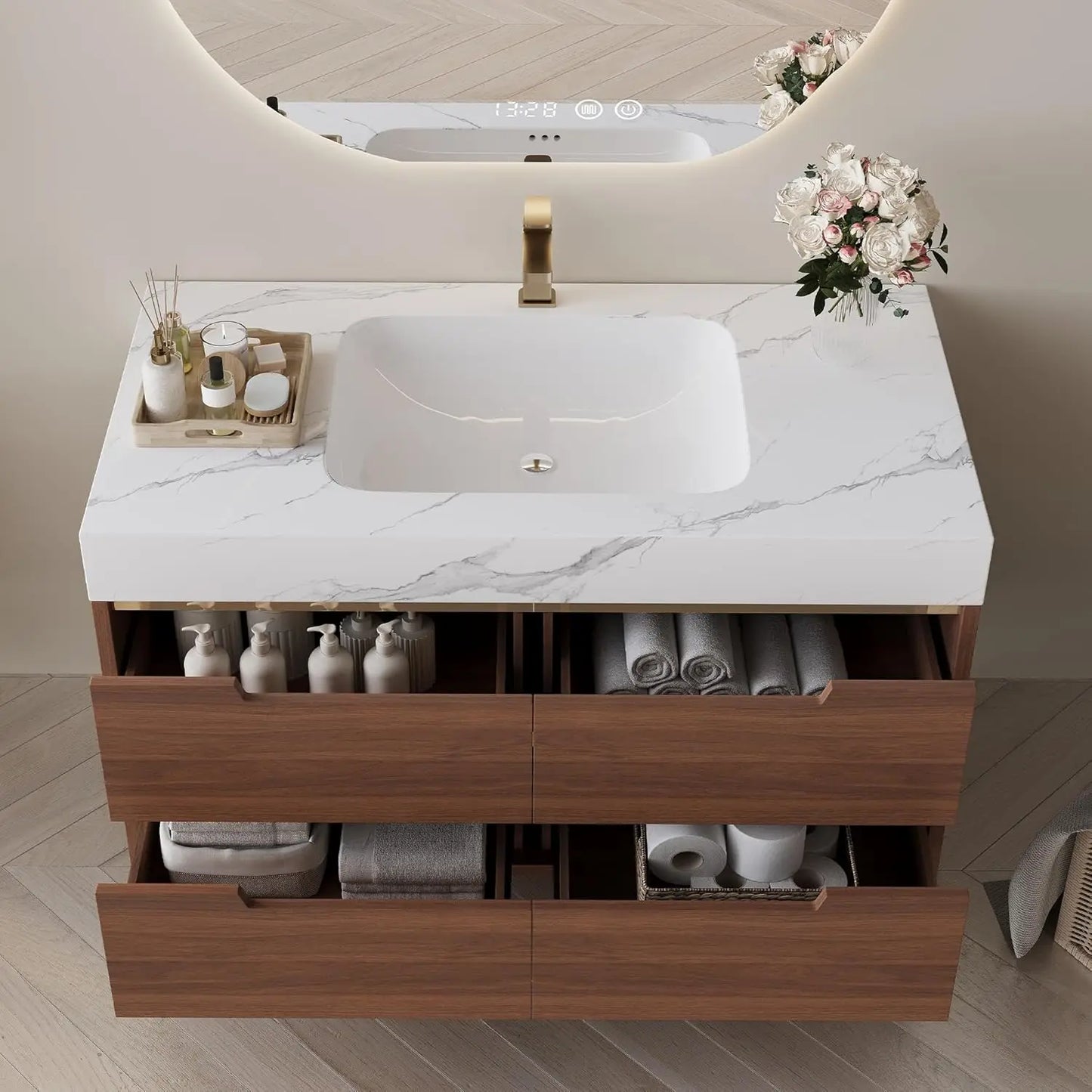 Solid Wood Vanity With Ceramic Sink And Sintered Stone Top