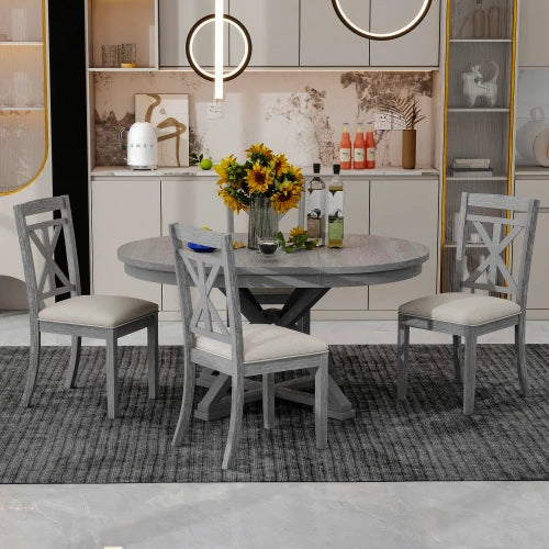 5-Piece Retro Functional Dining Table Set Extendable Round Table and 4 Upholstered Chairs for Dining Room and Living Room (Grey)