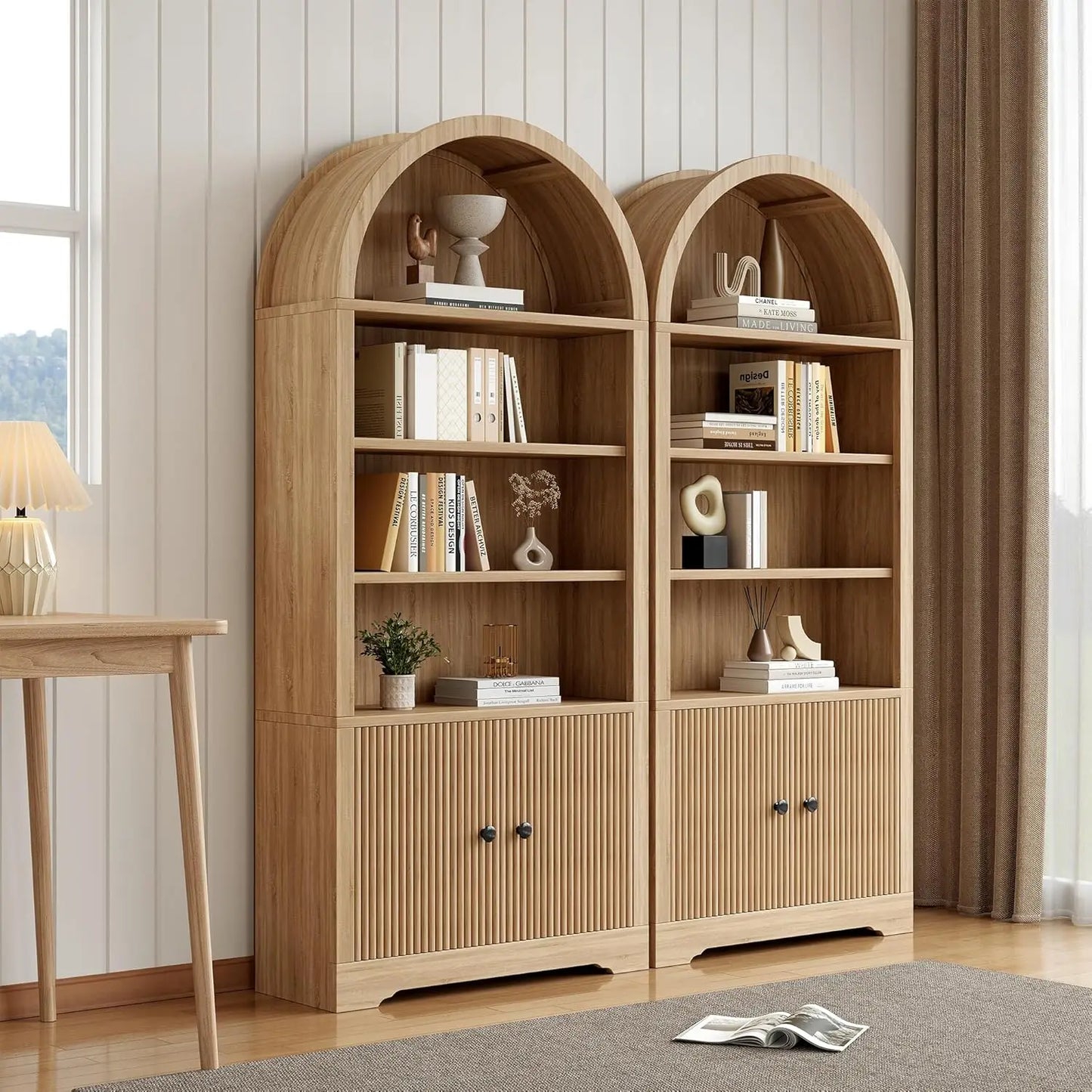 Arched Bookcase With Storage Door 6 Tier Freestanding Cabinet Farmhouse