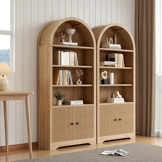 Arched Bookcase With Storage Door 6 Tier Freestanding Cabinet Farmhouse