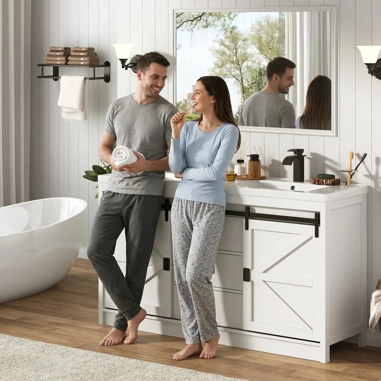 Double Bathroom Vanity with Sink & Faucet & Sewer Pipes,59" Farmhouse Bathroom Vanity Cabinet Set with 3 Storage, Custom