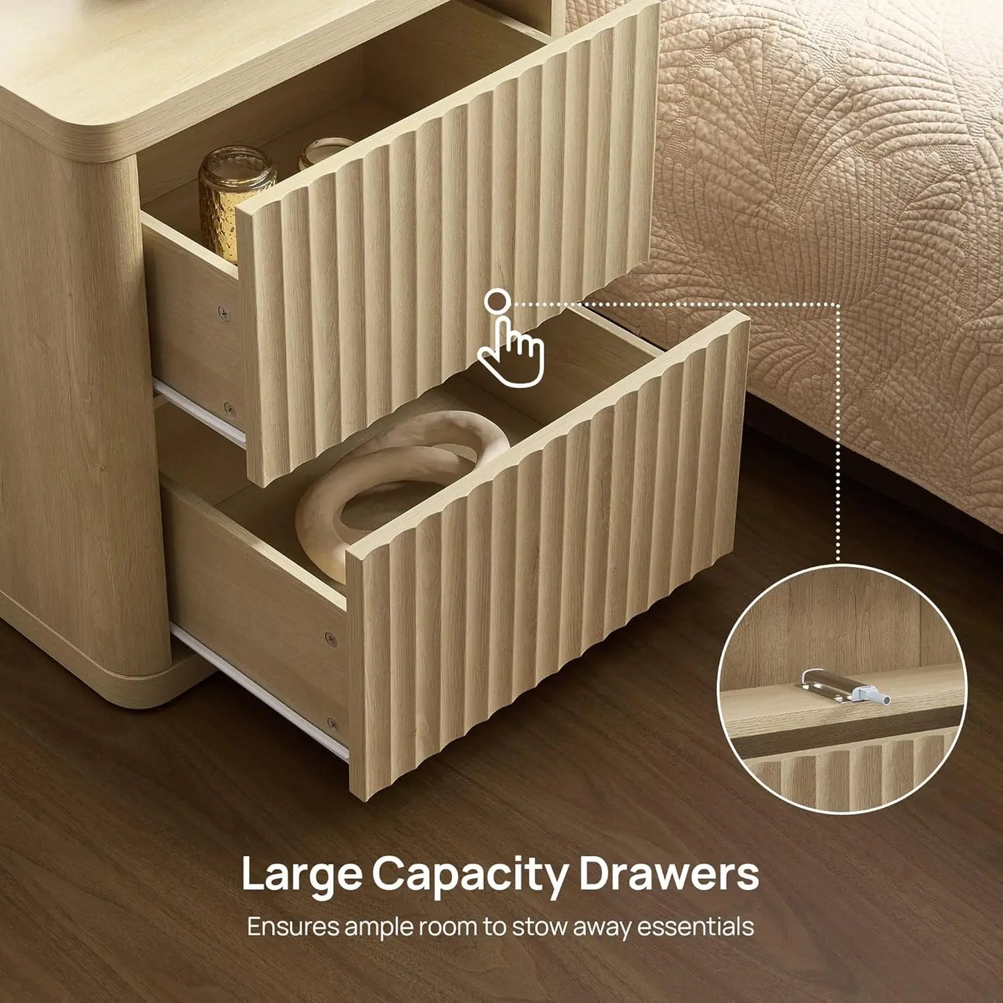 Night Stand Set of 2 Nightstands with 2 Drawers Storage Bedside Table Large Fluted Bed Side End Table Modern 24.4", Customized