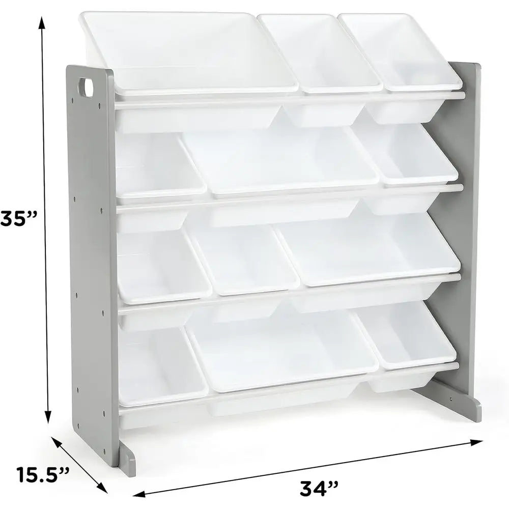 Toy Storage Organizer with 12 Removable Storage Bins, 4-Tier Toddler Toy Organization, Grey/White