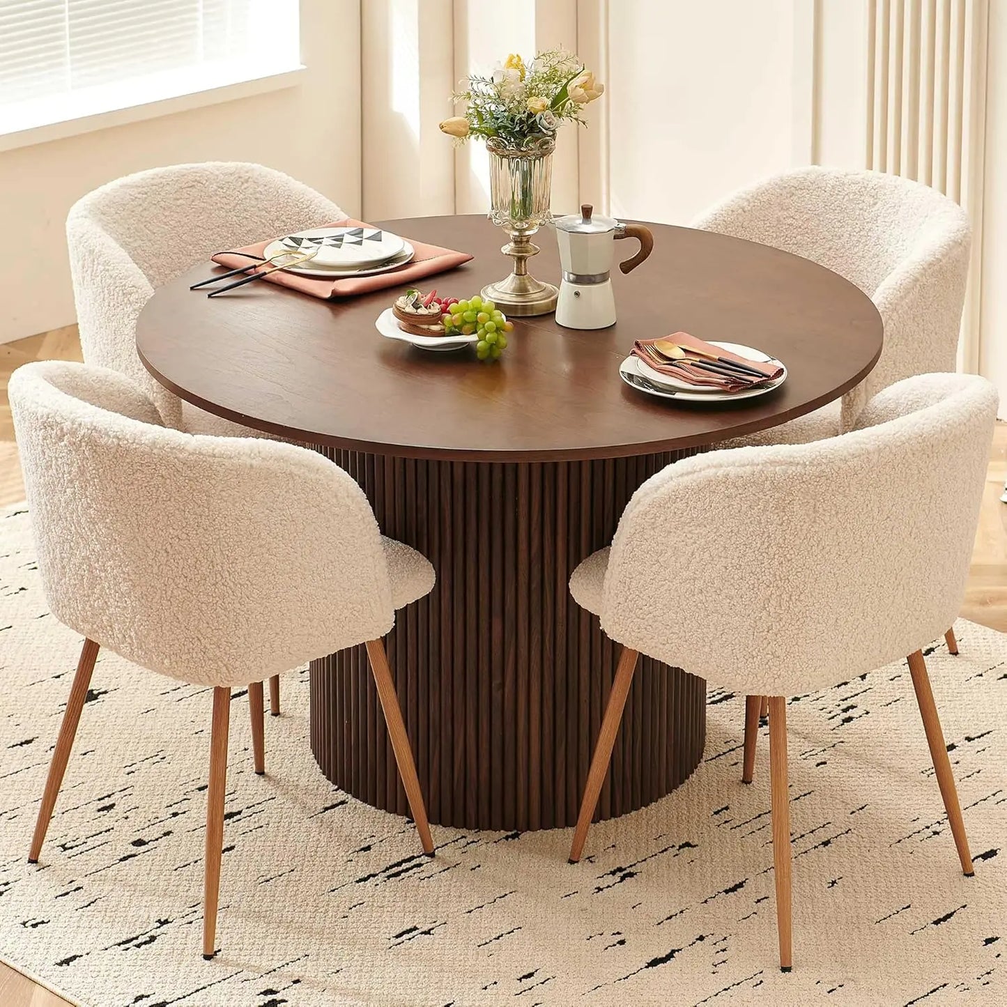 Rustic Walnut Round Dining Table Set For Four Sherpa Chairs