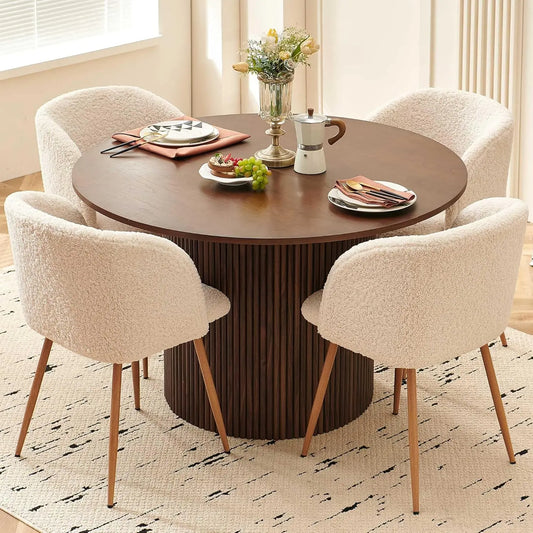 Rustic Walnut Round Dining Table Set For Four Sherpa Chairs