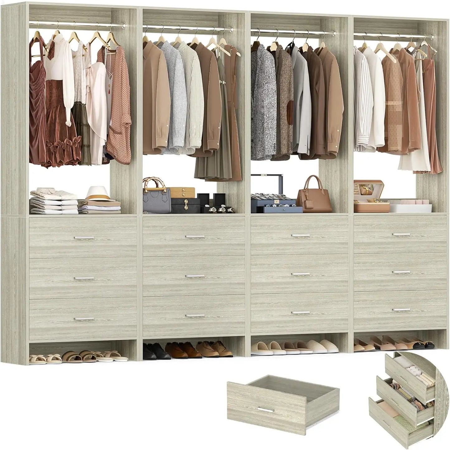 Wood Closet Organizer System With Hanging Rods For Walk In Wardrobe Set Of 4