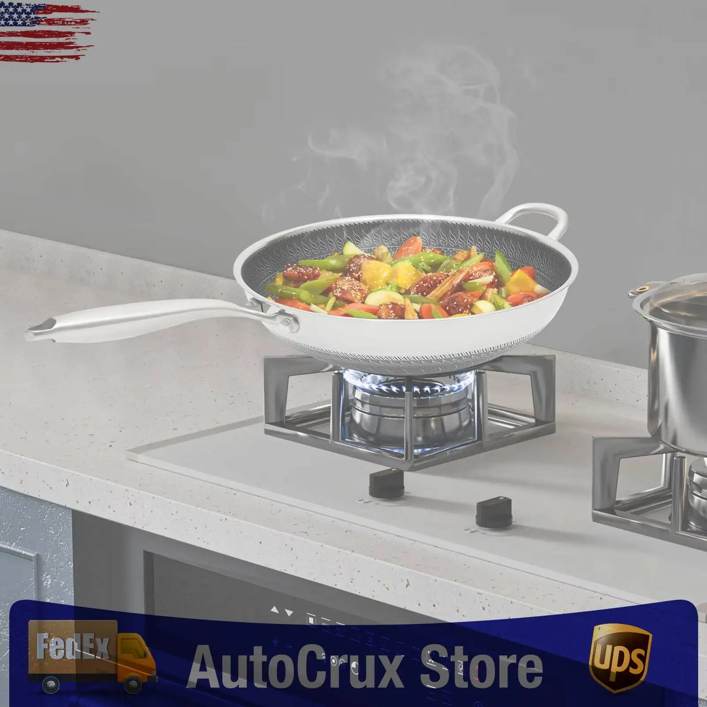 Stainless Steel Skillet, 34cm Wok Pan with Lid, Nonstick Frying Pan for Induction Cooktop Gas Stove