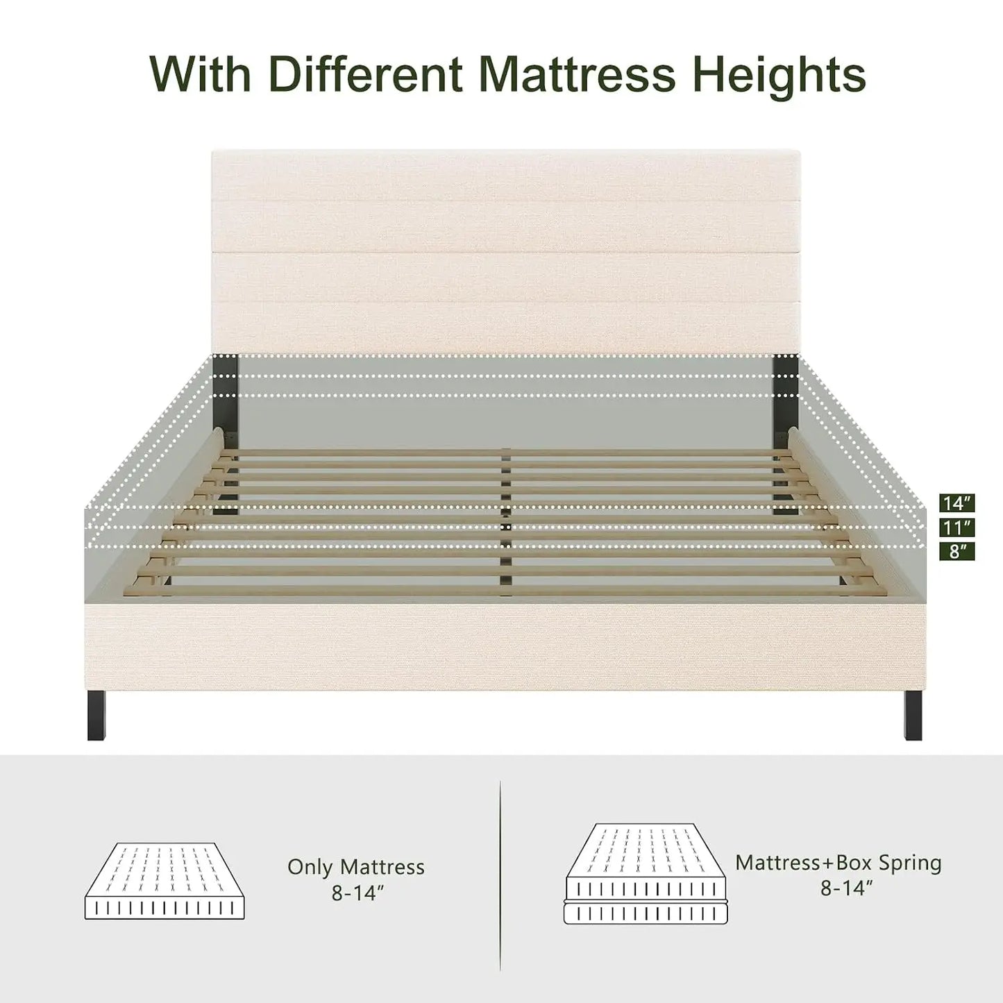 Queen Bed Frame, Modern Upholstered Bed Frame with Adjustable Linen Headboard, Wooden Slats Support Platform Queen, Customized