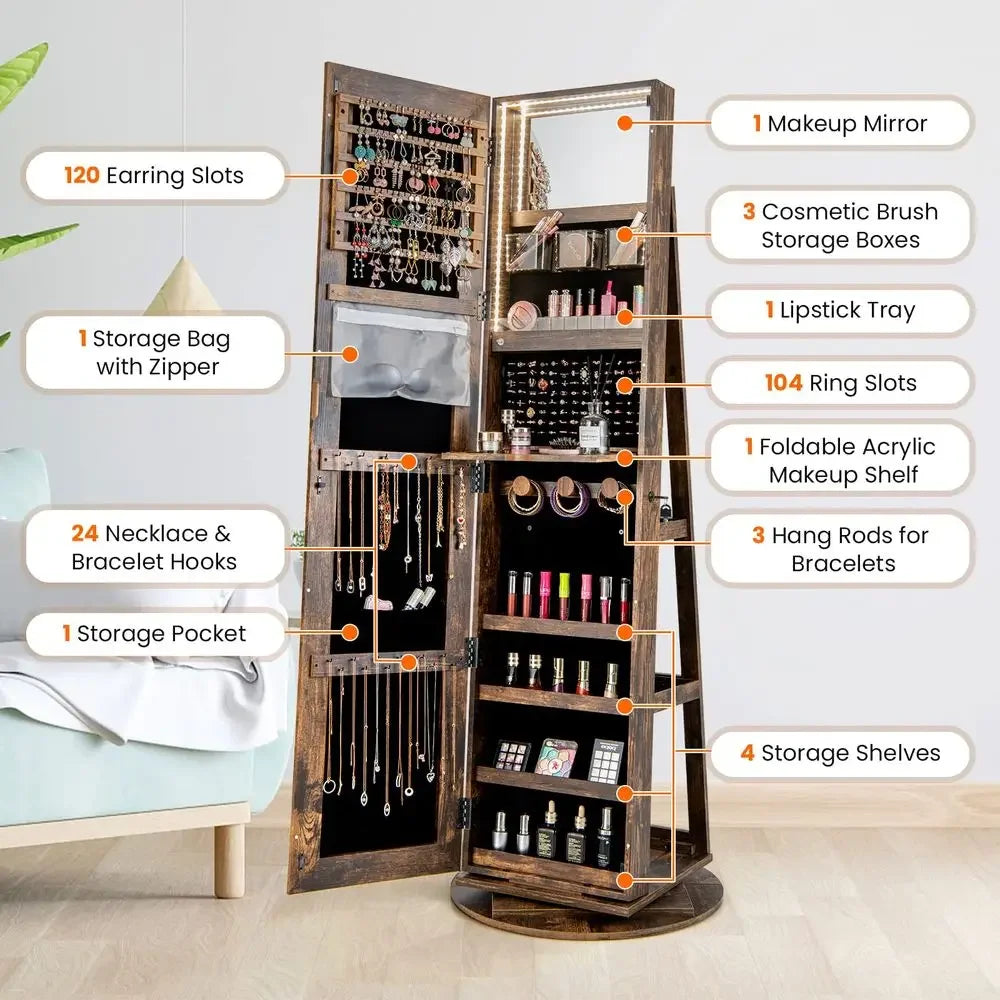 3In1 Mirror Jewelry Cabinet With LED Lights And Lockable Storage
