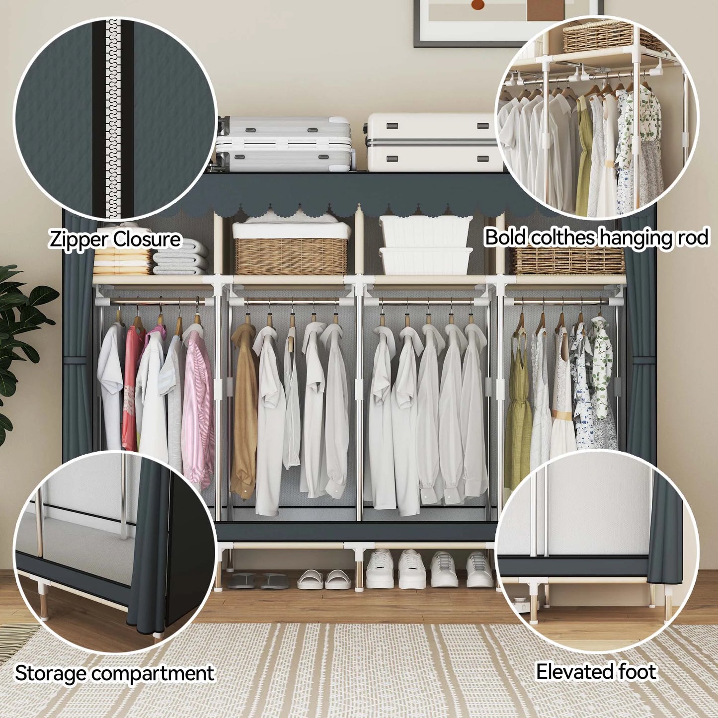 ArluKin Heavy Duty Fabric Wardrobe With 4 Hanging Rods