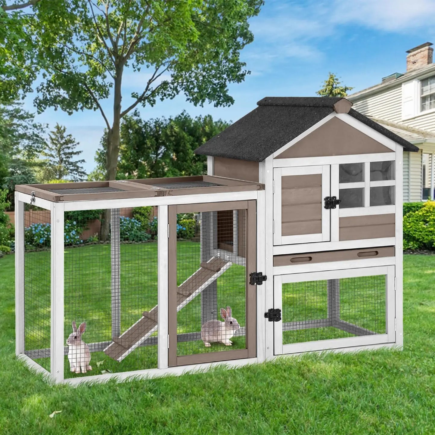 Two Story Rabbit Hutch With Chew Proof Full Metal Frame Indoor Outdoor