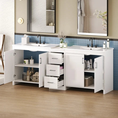 84"Double-Sink Bathroom Vanity,2 Ceramic Sinks and a Quartz Countertop,with Adjustable Shelves and 3 Drawers,Large storage space