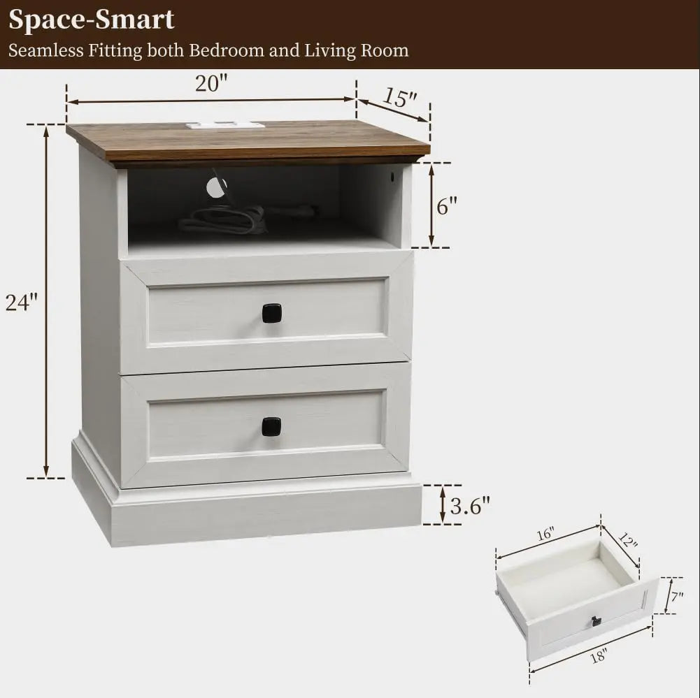 Farmhouse Nightstand Set of 2 with Charging Station & 2-Drawer Storage, Antique White for Bedroom, Custom