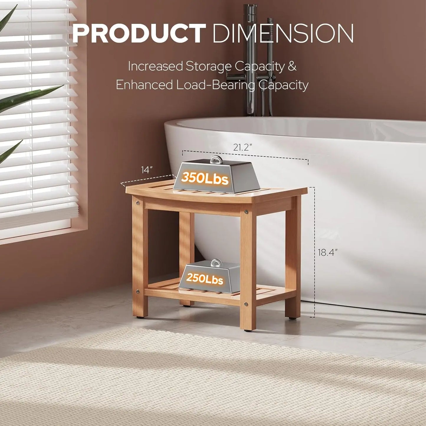 21" Poly Lumber Waterproof Shower Bench with Storage Shelf, Non-Slip Faux Wood Shower Stool for Bathroom, Indoor &, Customized