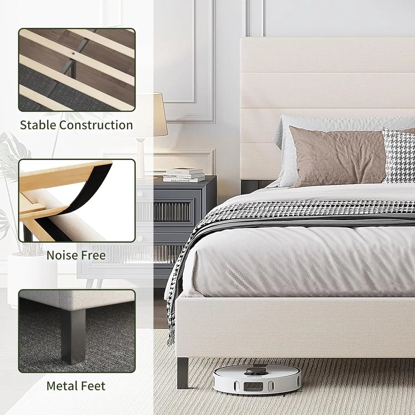 Queen Bed Frame, Modern Upholstered Bed Frame with Adjustable Linen Headboard, Wooden Slats Support Platform Queen, Customized