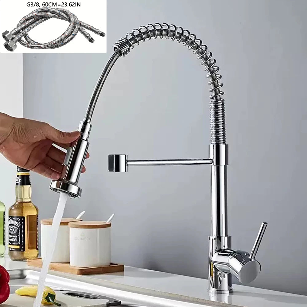 Spring Pull Down Kitchen Faucets Stainless Steel Stream Spray Sink Faucet Hot Cold Water Tap Rotation Kitchen Mixer Tap