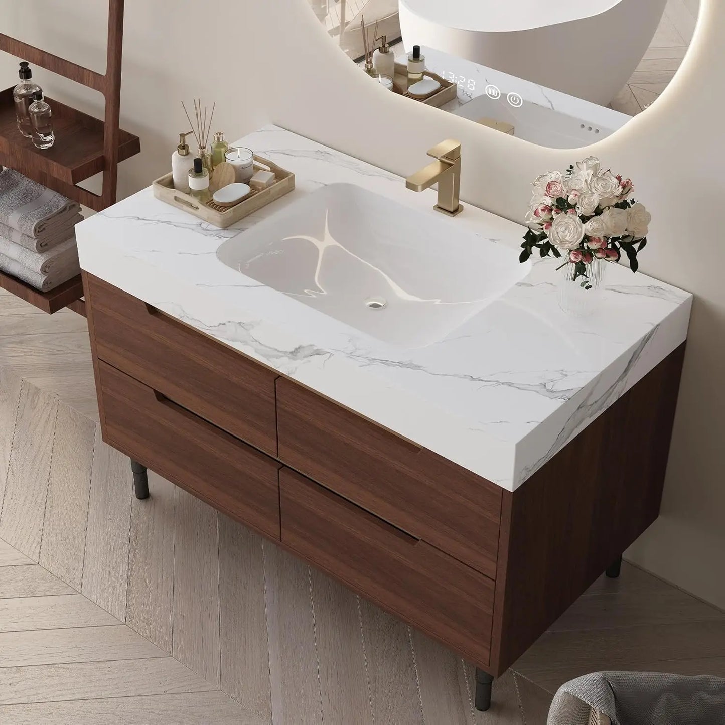 Solid Wood Vanity With Ceramic Sink And Sintered Stone Top