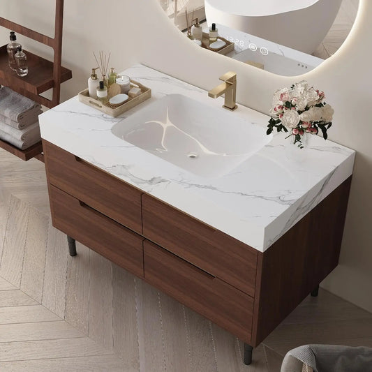 Solid Wood Vanity With Ceramic Sink And Sintered Stone Top